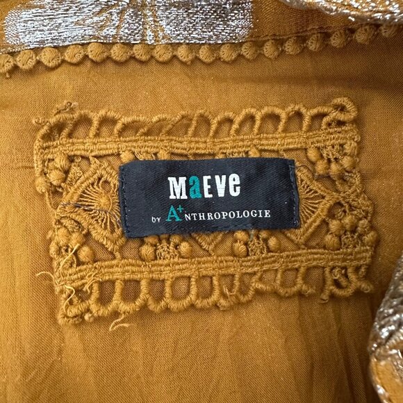 Anthropologie Maeve Flowy Mini Dress Tie Neck Long Cuffed Sleeve Gold Metallic L - Picture 13 of 16